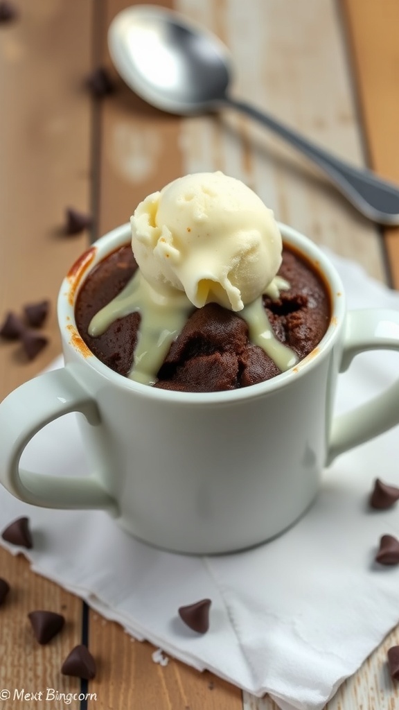 A chocolate mug cake in a white mug with melting ice cream on top, set on a wooden table.